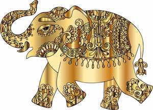 Elefant - Zeichnung, Gold bemalt und geschmückt, steht am rechten, unteren Seitenende, Laufrichrung nach links