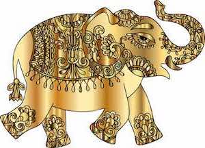 Elefant - Zeichnung, Gold bemalt und geschmückt, steht am linken, unteren Seitenende, Laufrichrung nach rechtes